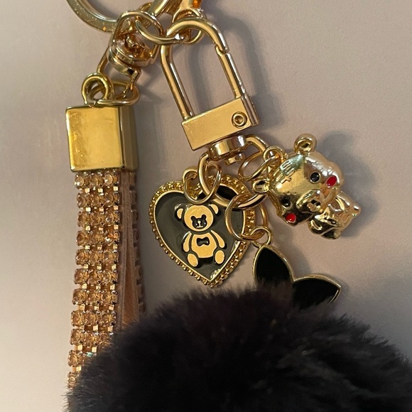 Gold and Black Pom Pom Keychain With 3 Charms – New - Picture 3 of 14